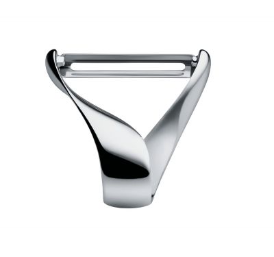 Alessi Sfrido VS02 Kartoffelschäler aus glänzendem Edelstahl, Nahaufnahme auf weißem Hintergrund. Küchenhelfer zum Schälen von Gemüse.